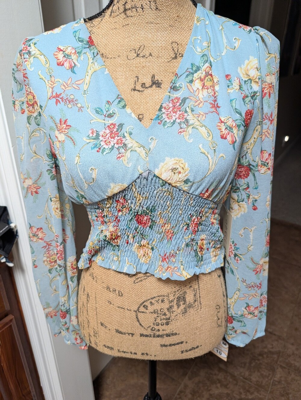 everleigh Light Blue Floral Smocked V-Neck Long Sleeve Top